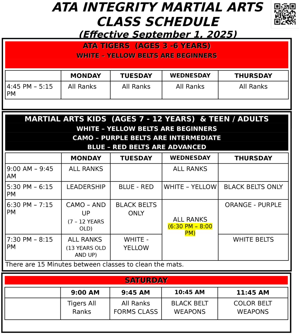ATA Integrity Martial Arts 2025 Class Schedule